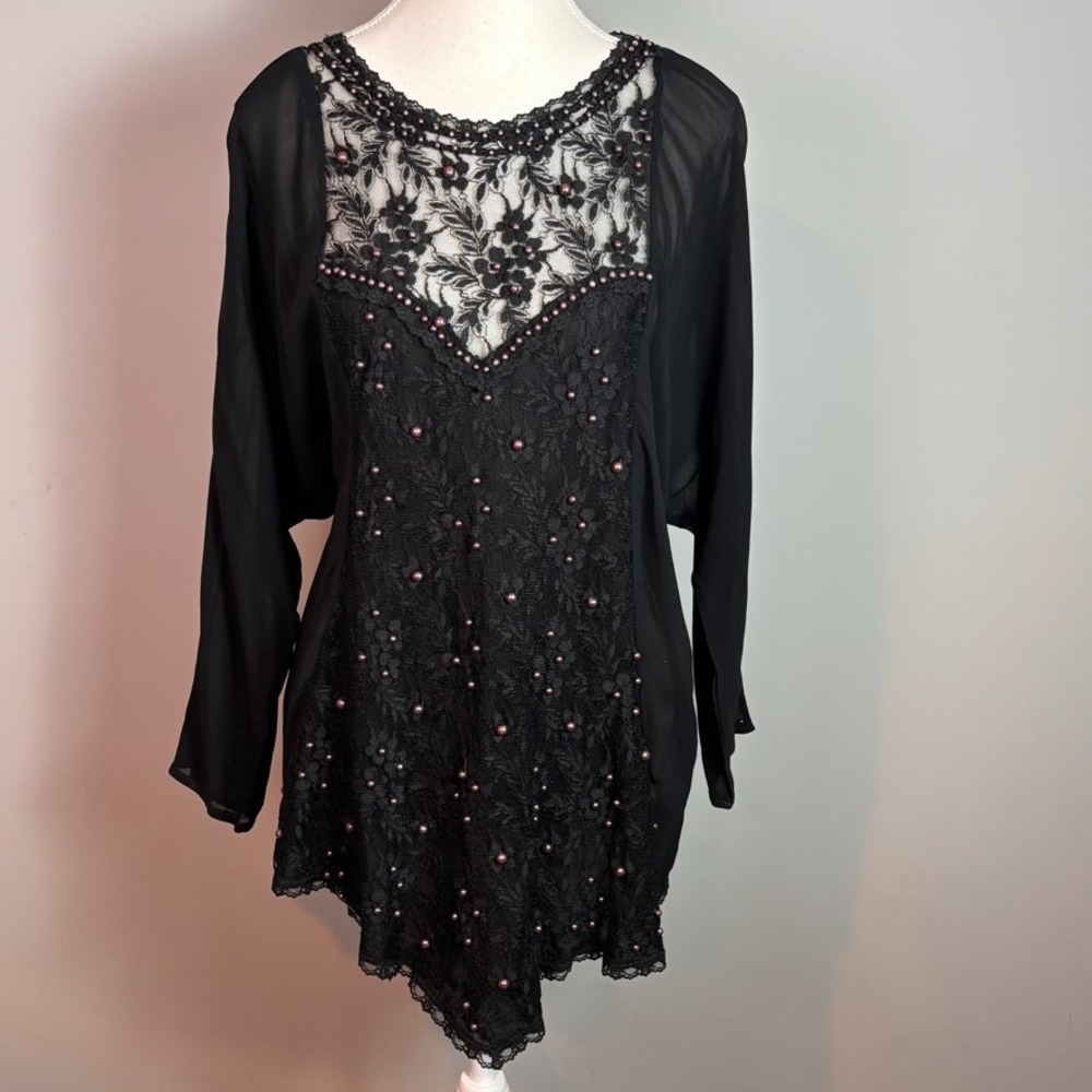 la Sirenetta Womens Black Lacey Beaded dark romantic whimsigoth blouse Lg *flaw*